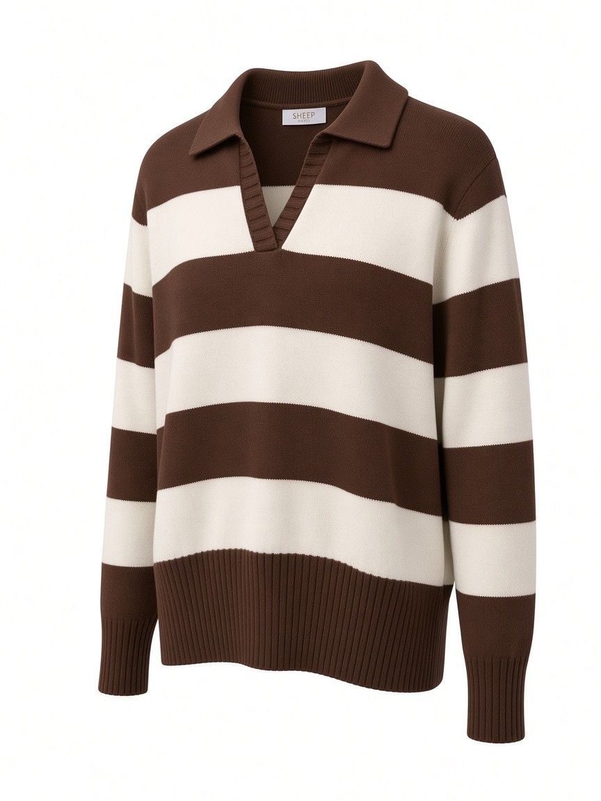 Dámsky pruhovaný POLO pulóver SHEEP FASHION MILK CHOCOLATE Hnedý s.WEAR 12